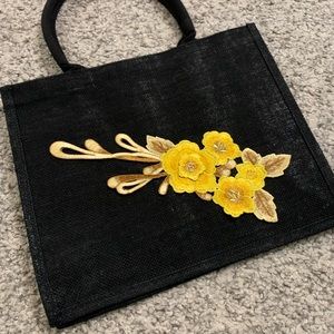 Black jute tote yellow flowers
